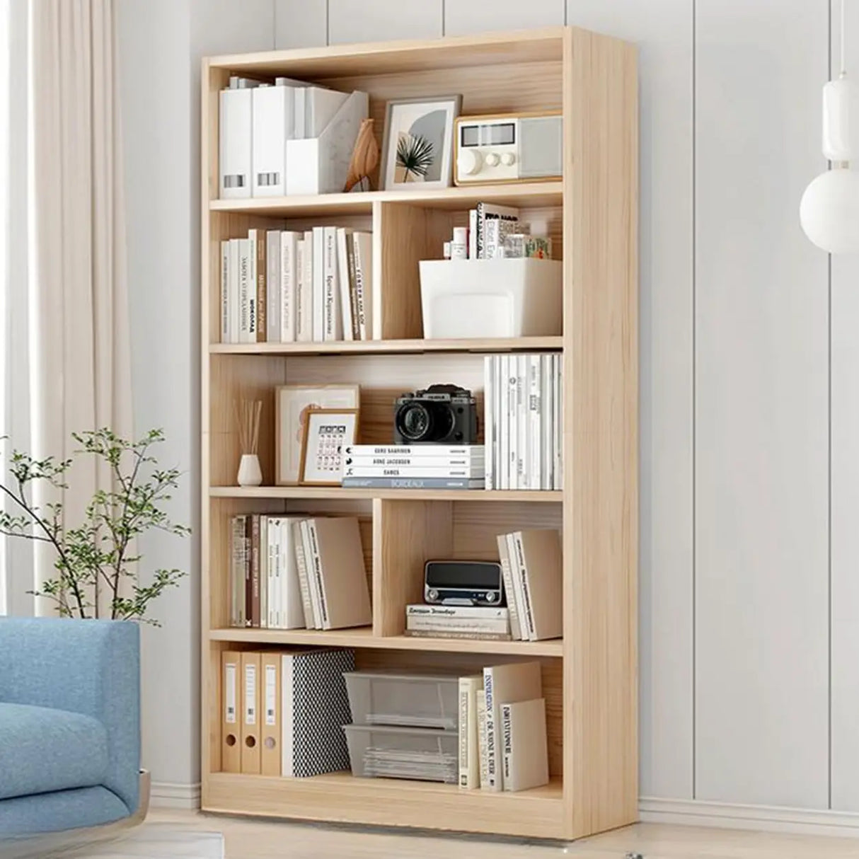 Simple Rectangular Closed Pine Wood 5-Shelf Bookcase Image - 11