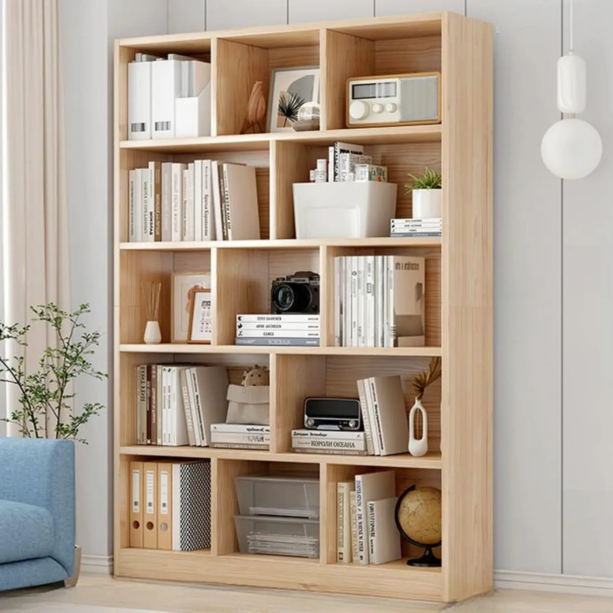 Simple Rectangular Closed Pine Wood 5-Shelf Bookcase Image - 15