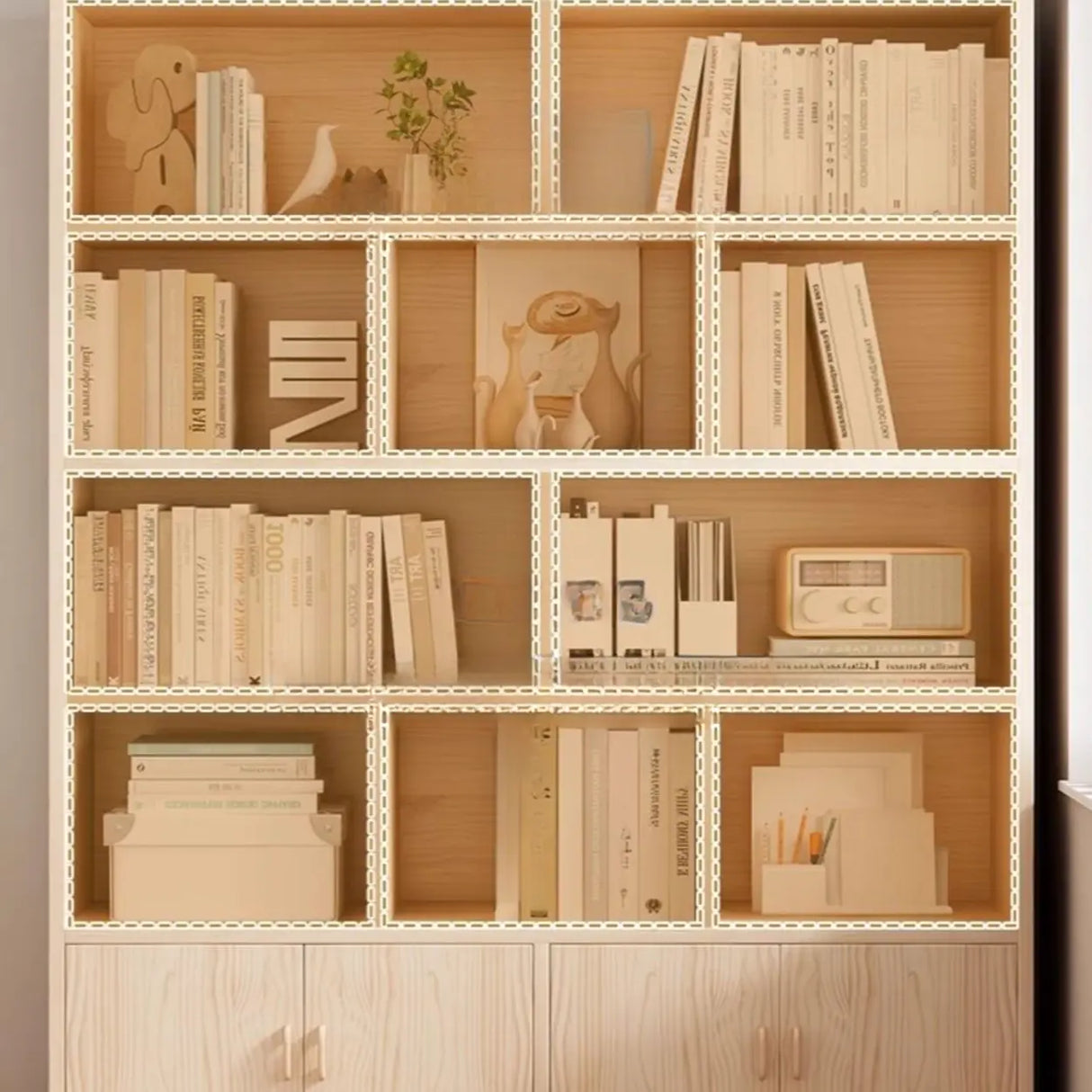 Simple Rectangular Closed Pine Wood 5-Shelf Bookcase Image - 16