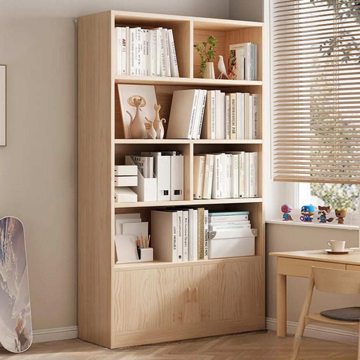 Simple Rectangular Closed Pine Wood 5-Shelf Bookcase Image - 2