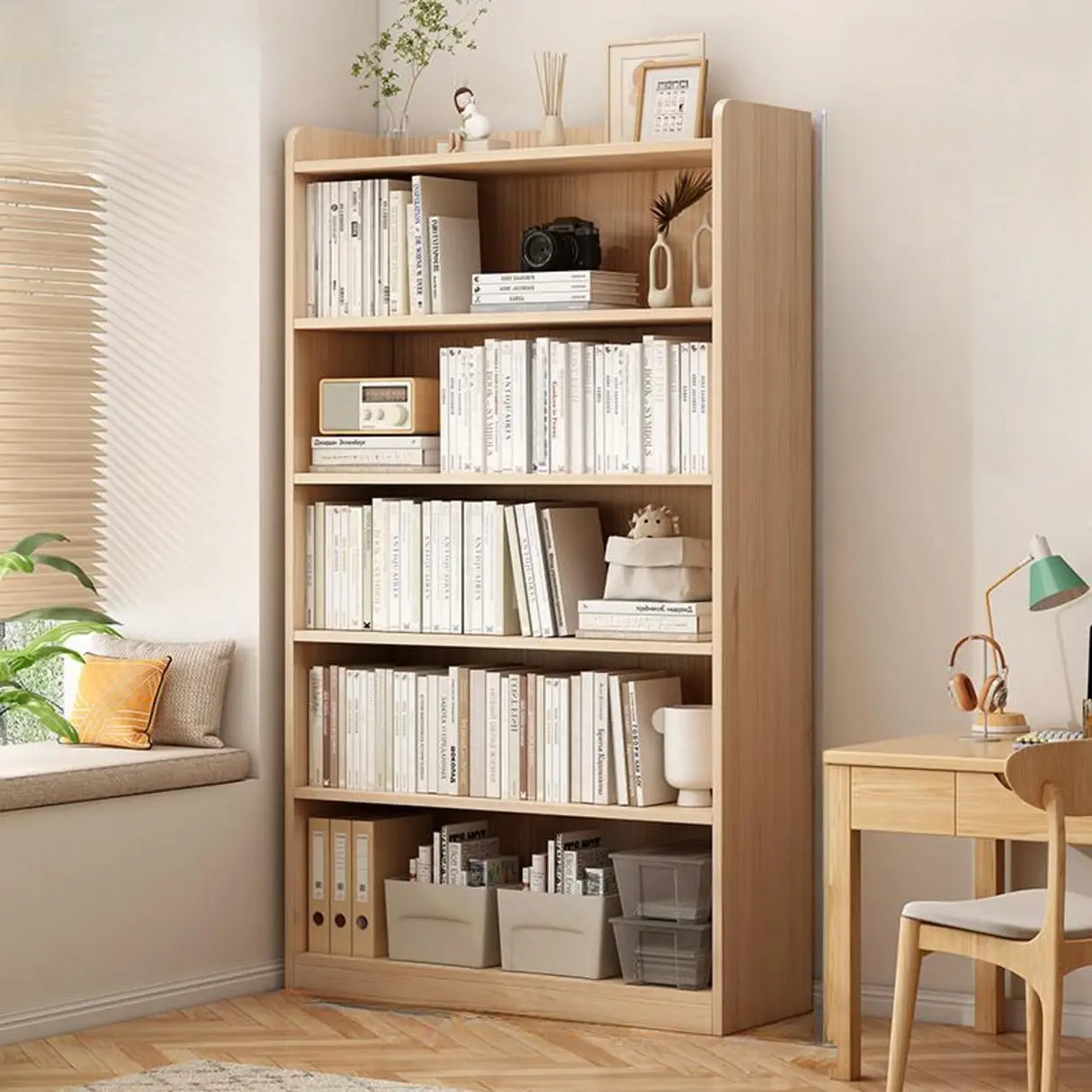 Simple Rectangular Closed Pine Wood 5-Shelf Bookcase Image - 20