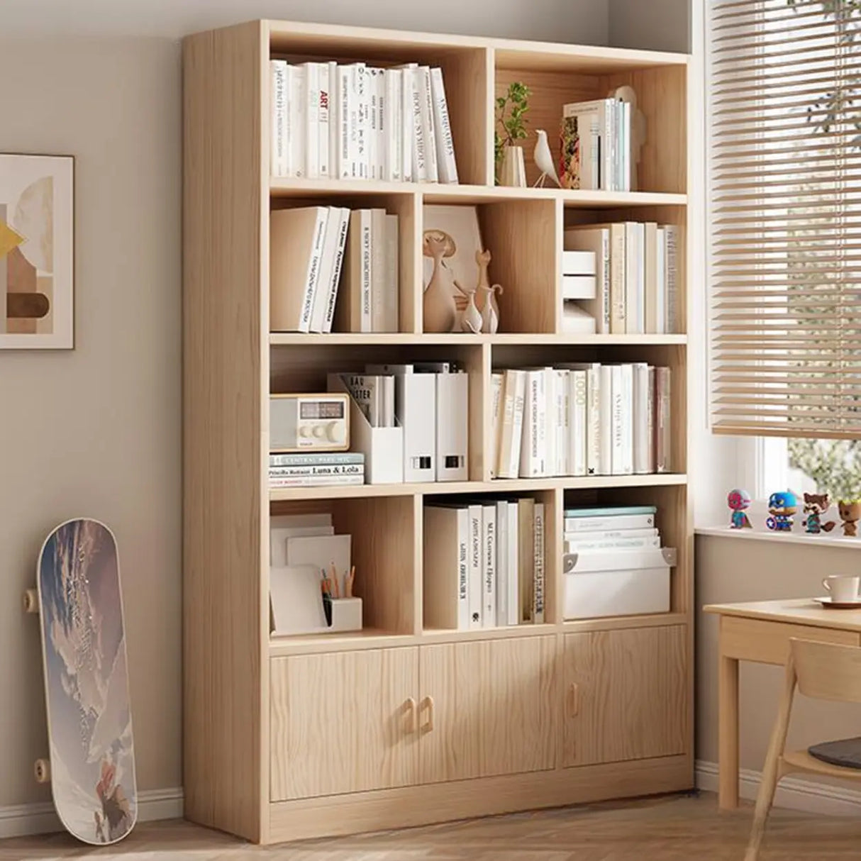 Simple Rectangular Closed Pine Wood 5-Shelf Bookcase Image - 3