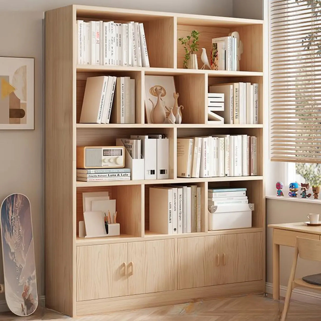 Simple Rectangular Closed Pine Wood 5-Shelf Bookcase Image - 8