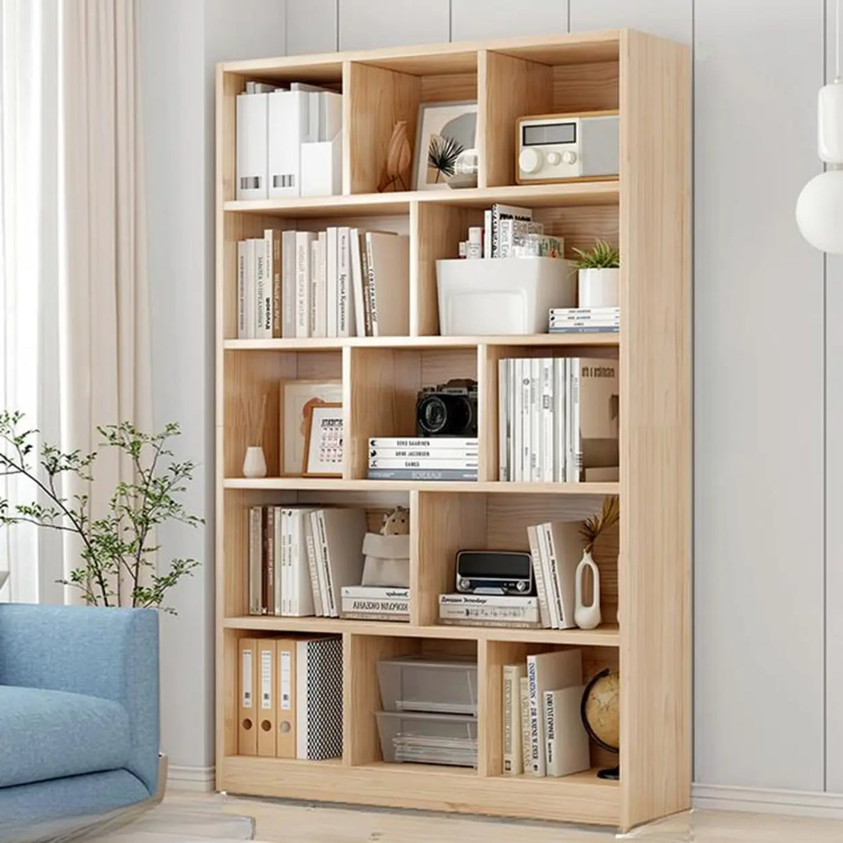 Simple Rectangular Closed Pine Wood 5-Shelf Bookcase Image - 9