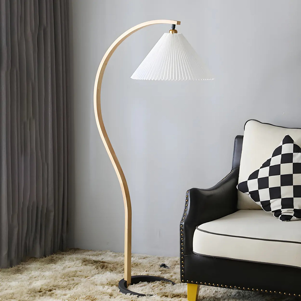 Simple Red Pleated Shade Curved Wooden Floor Lamp Image - 11