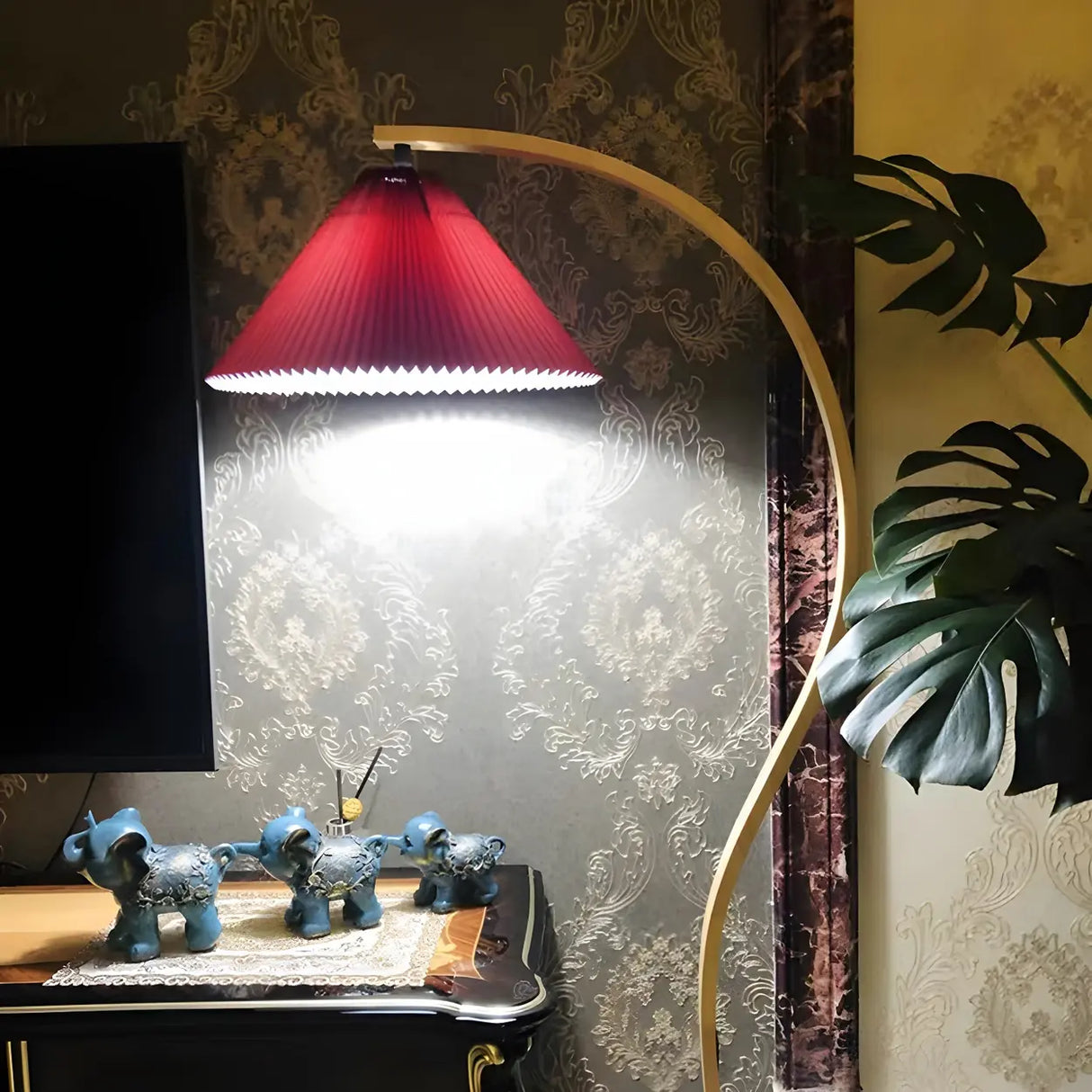 Simple Red Pleated Shade Curved Wooden Floor Lamp Image - 12