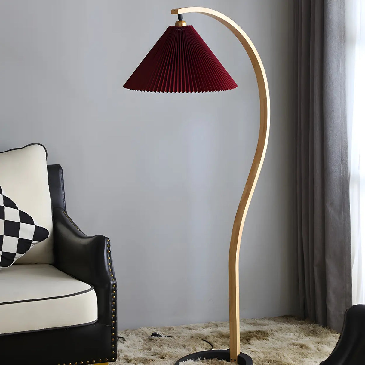 Simple Red Pleated Shade Curved Wooden Floor Lamp Image - 13