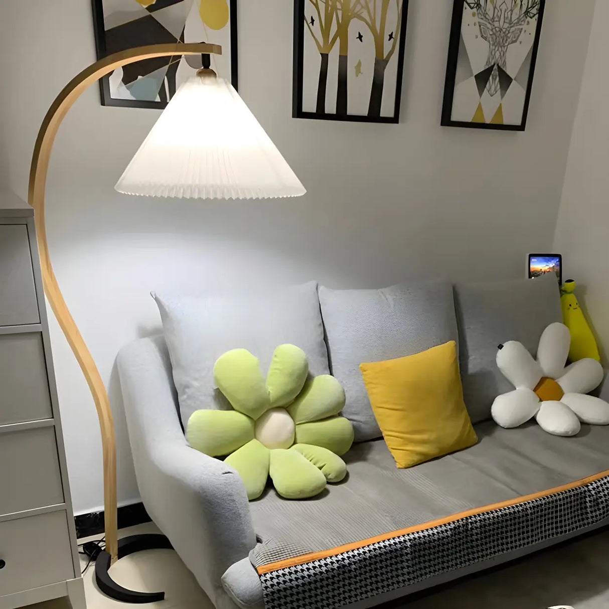 Simple Red Pleated Shade Curved Wooden Floor Lamp Image - 14