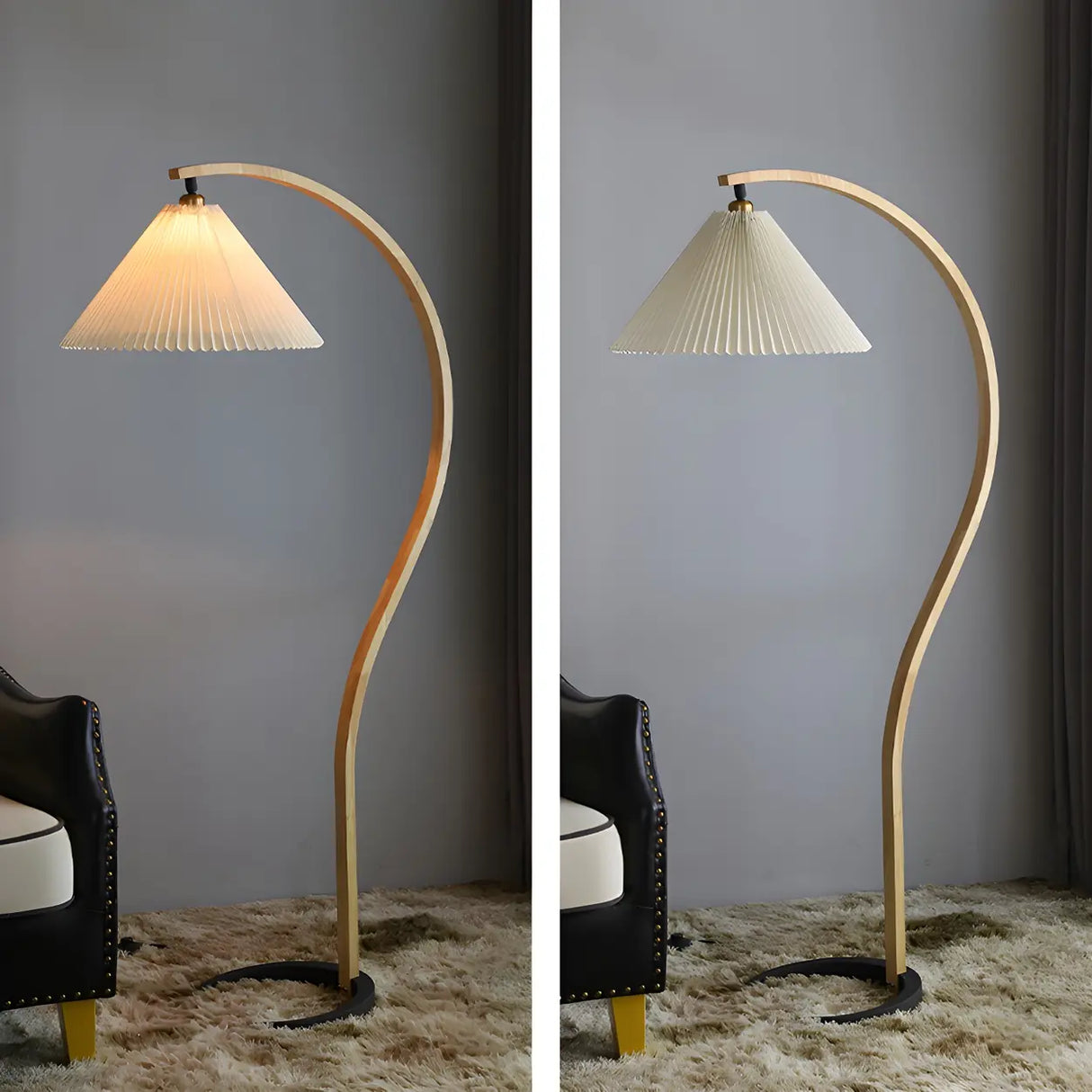 Simple Red Pleated Shade Curved Wooden Floor Lamp Image - 16