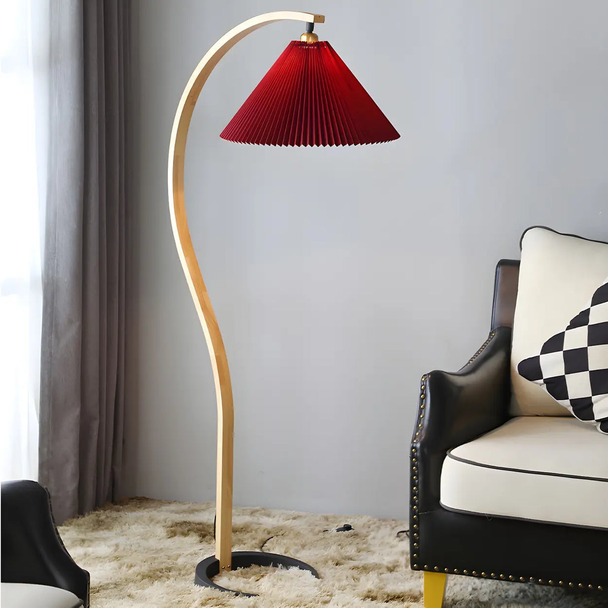 Simple Red Pleated Shade Curved Wooden Floor Lamp Image - 3