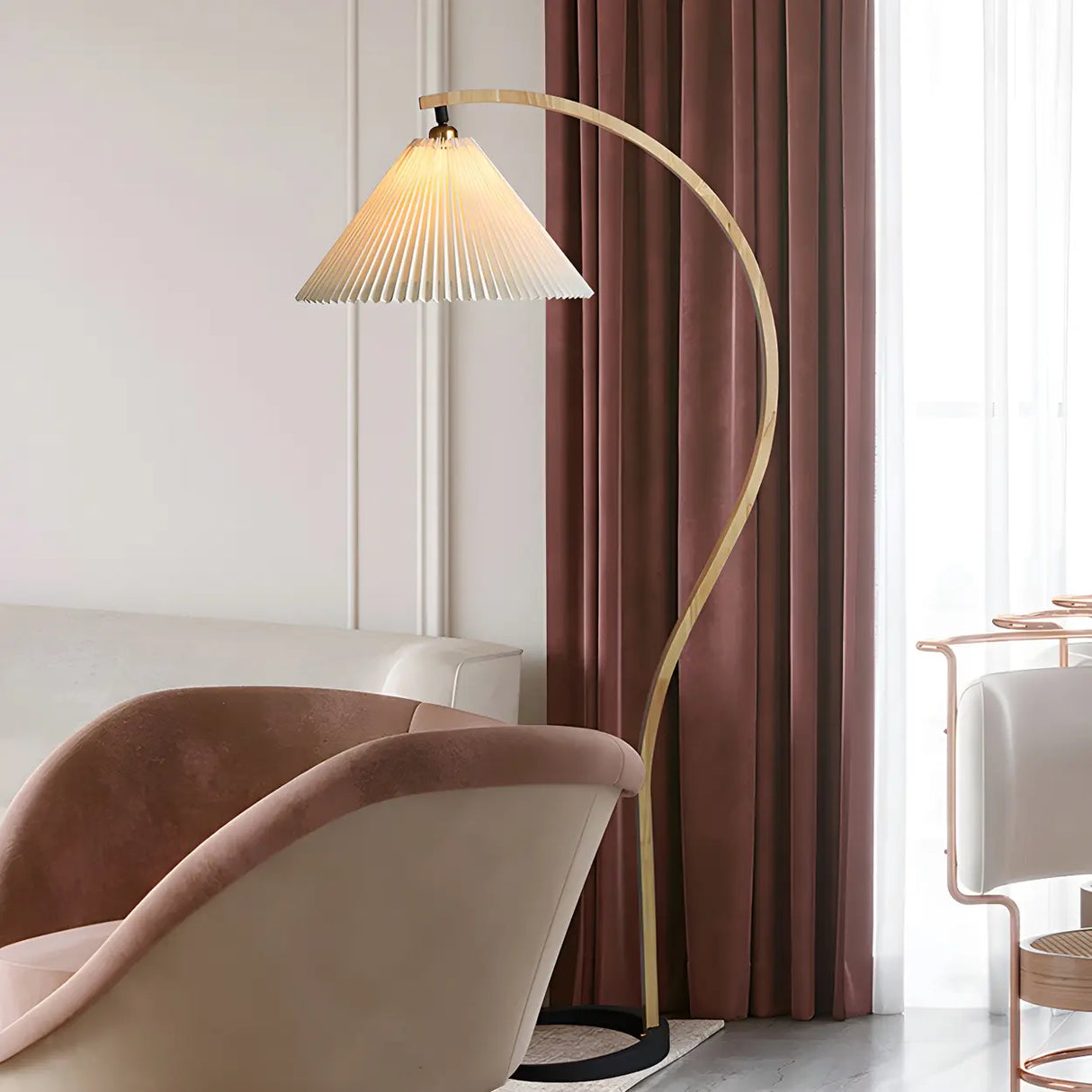 Simple Red Pleated Shade Curved Wooden Floor Lamp Image - 4
