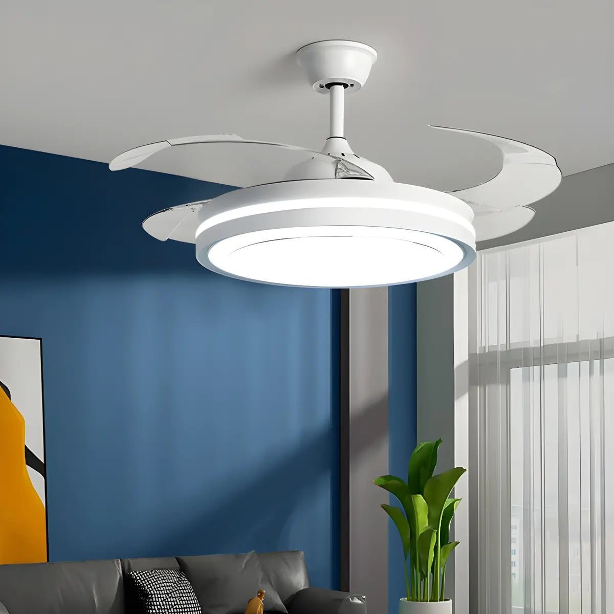Simple Remote White Retractable Ceiling Fan with Light Image - 1