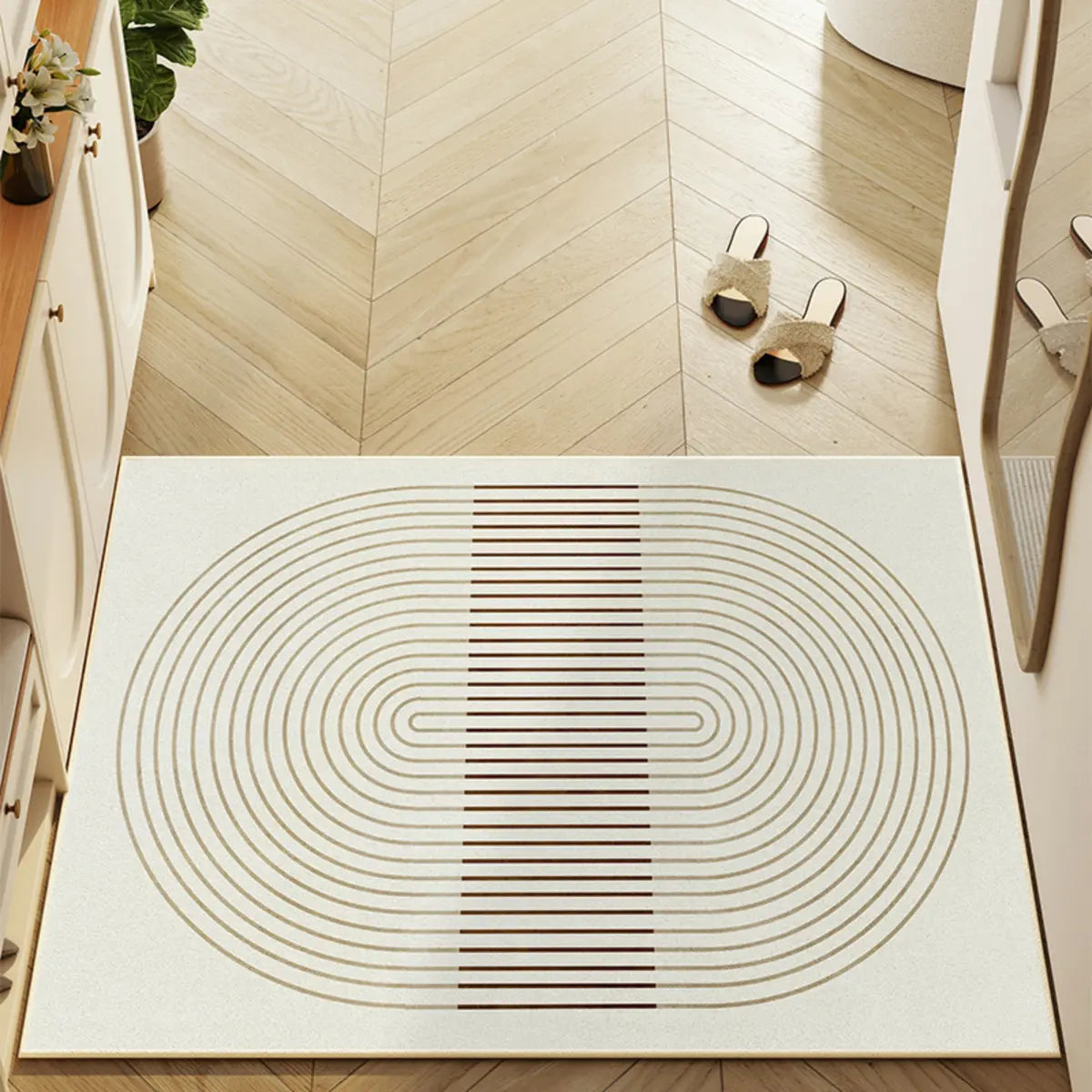 Simple Round Cotton Blend White Oval Pattern Area Rug Image - 1