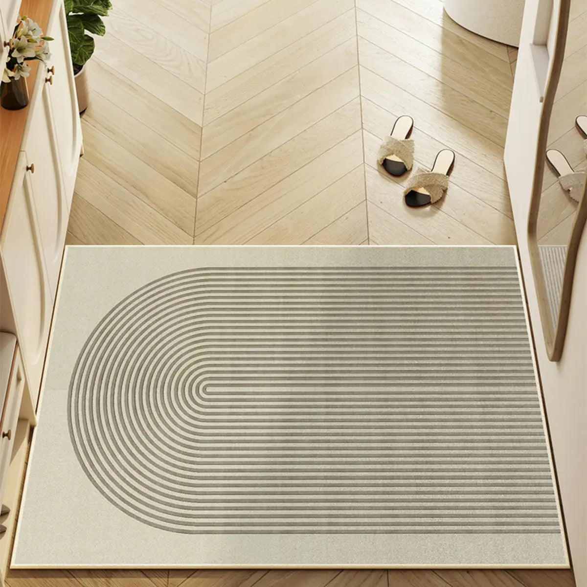 Simple Round Cotton Blend White Oval Pattern Area Rug Image - 2