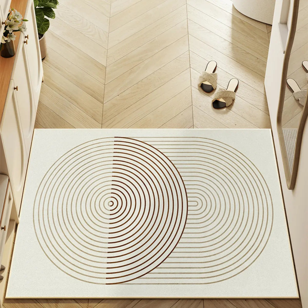Simple Round Cotton Blend White Oval Pattern Area Rug Image - 4