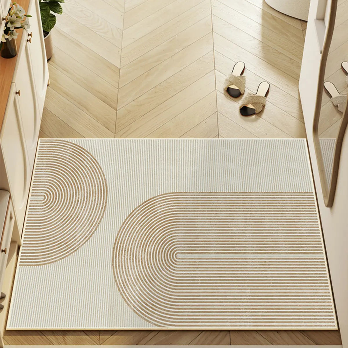Simple Round Cotton Blend White Oval Pattern Area Rug Image - 5