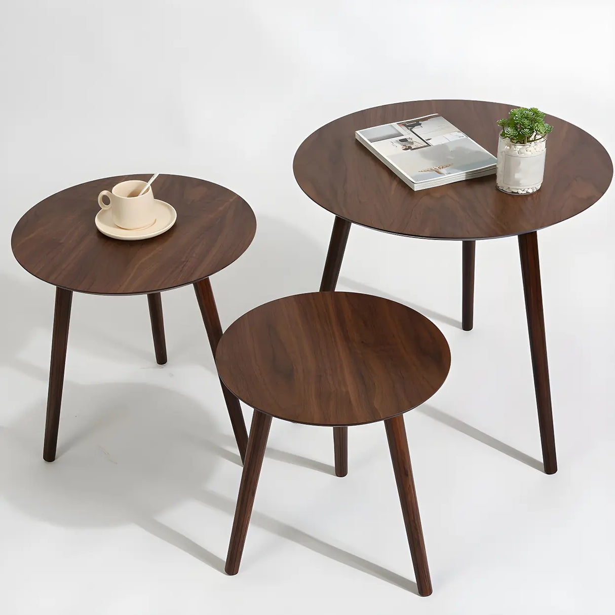 Simple Round Espresso Wood Brown Three Legs End Table Image - 4