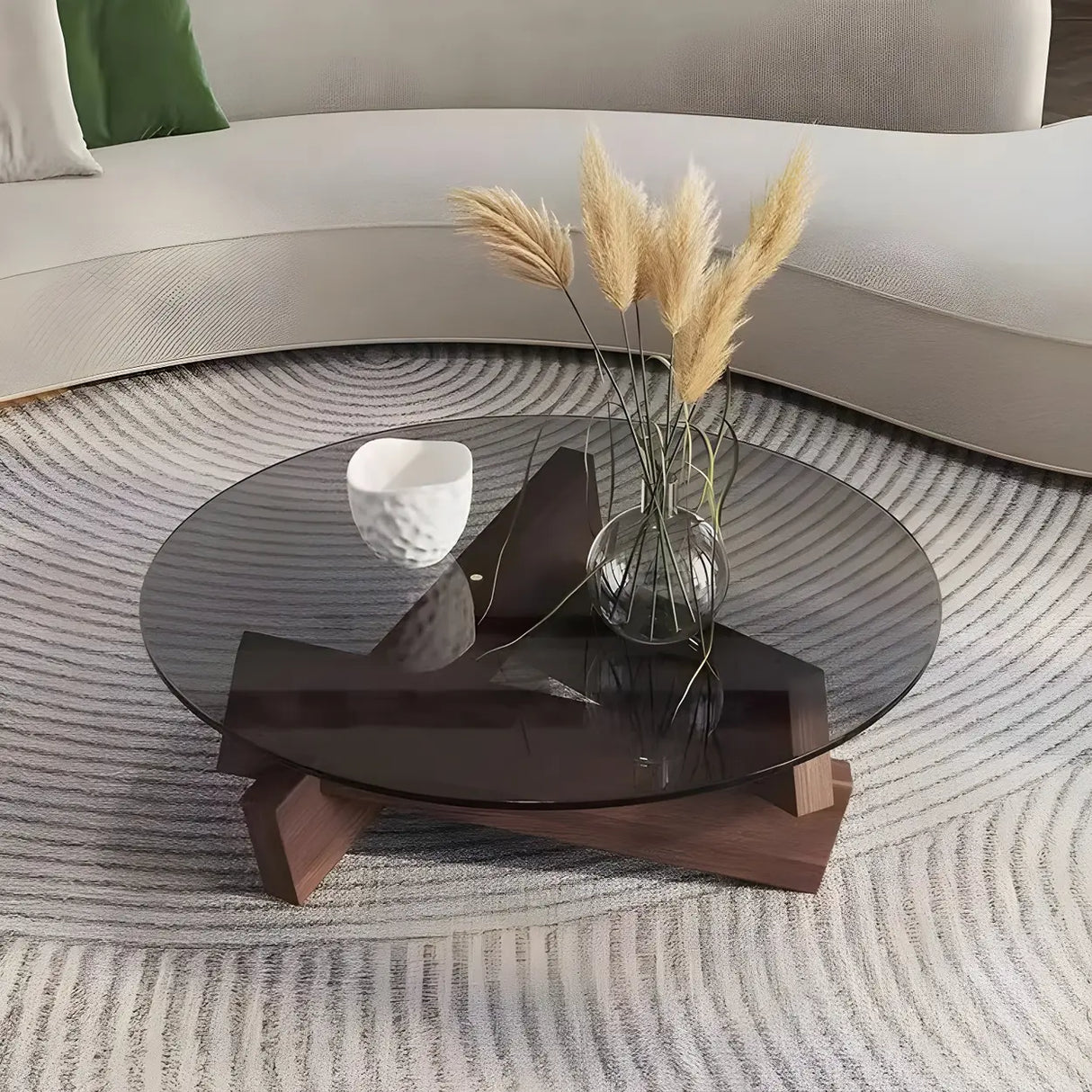 Simple Round Glass Abstract Wood Base Coffee Table Image - 1