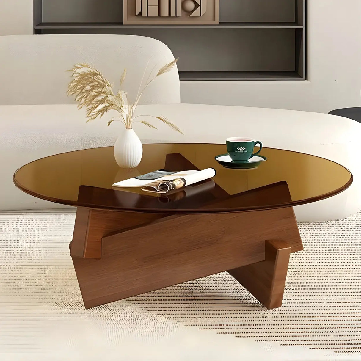 Simple Round Glass Abstract Wood Base Coffee Table Image - 11
