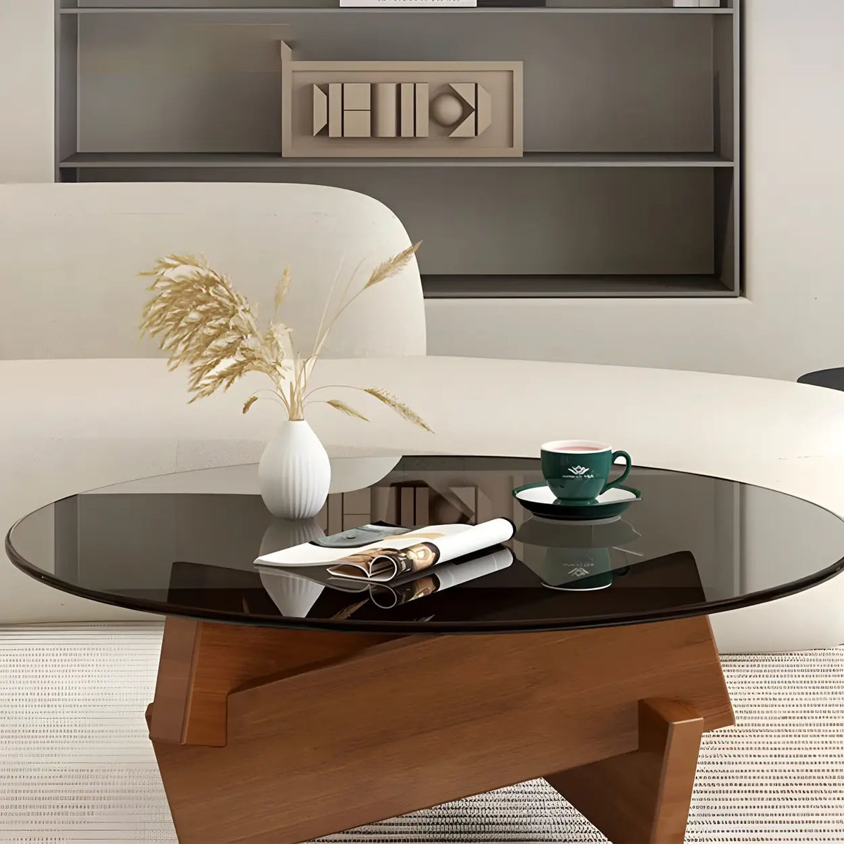 Simple Round Glass Abstract Wood Base Coffee Table Image - 12