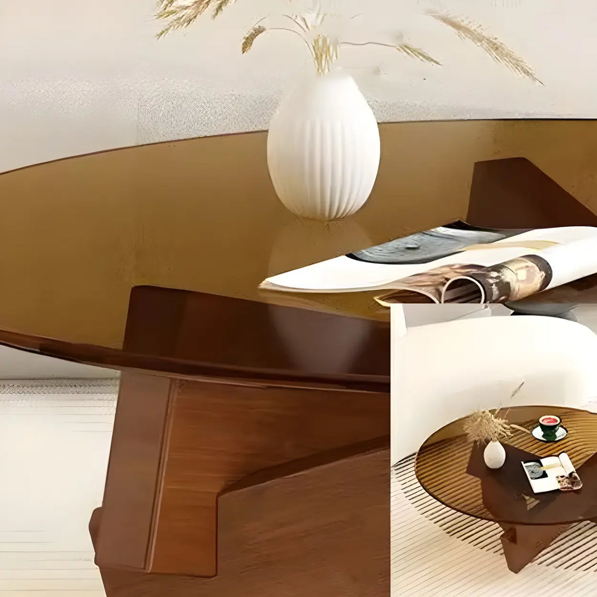 Simple Round Glass Abstract Wood Base Coffee Table Image - 13