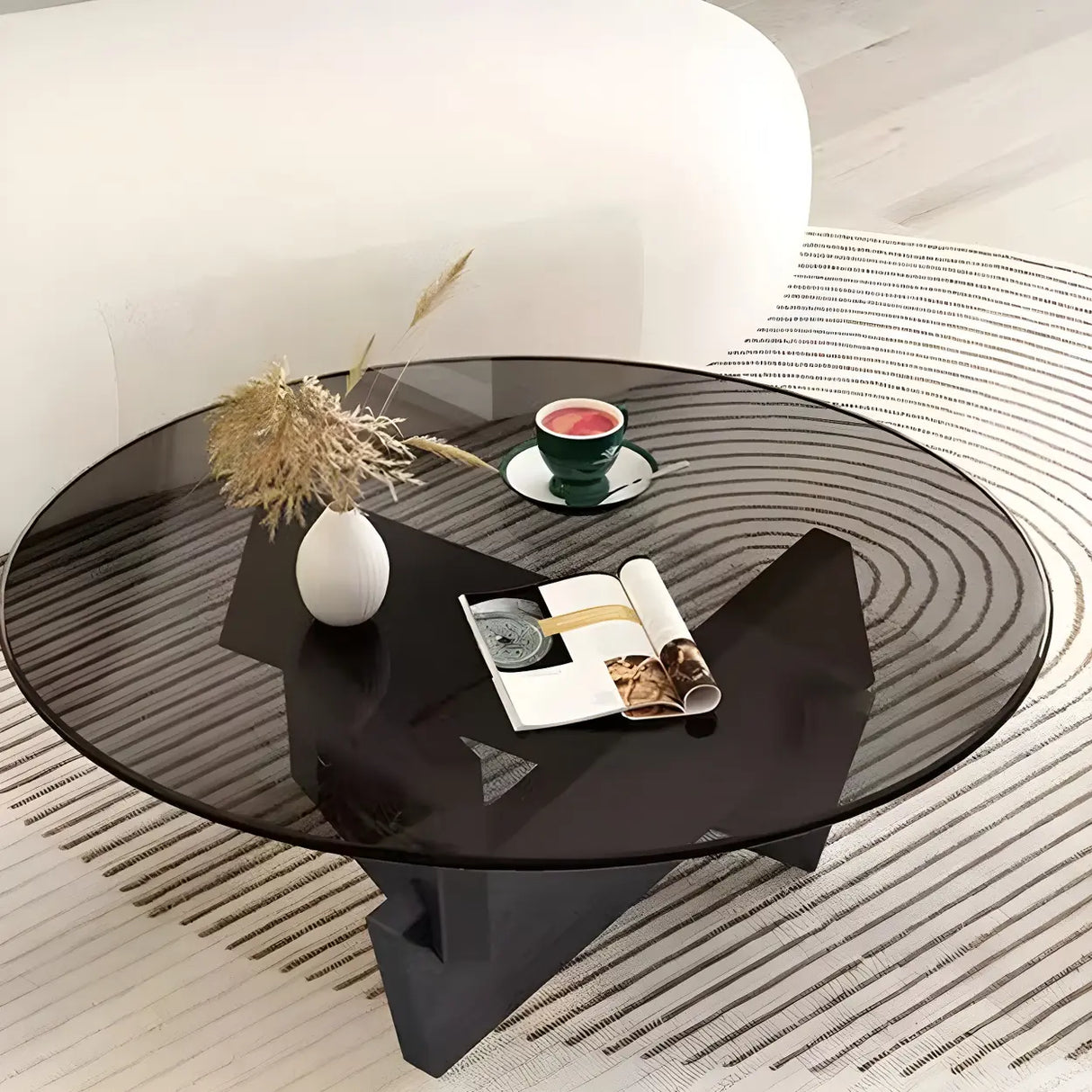 Simple Round Glass Abstract Wood Base Coffee Table Image - 14