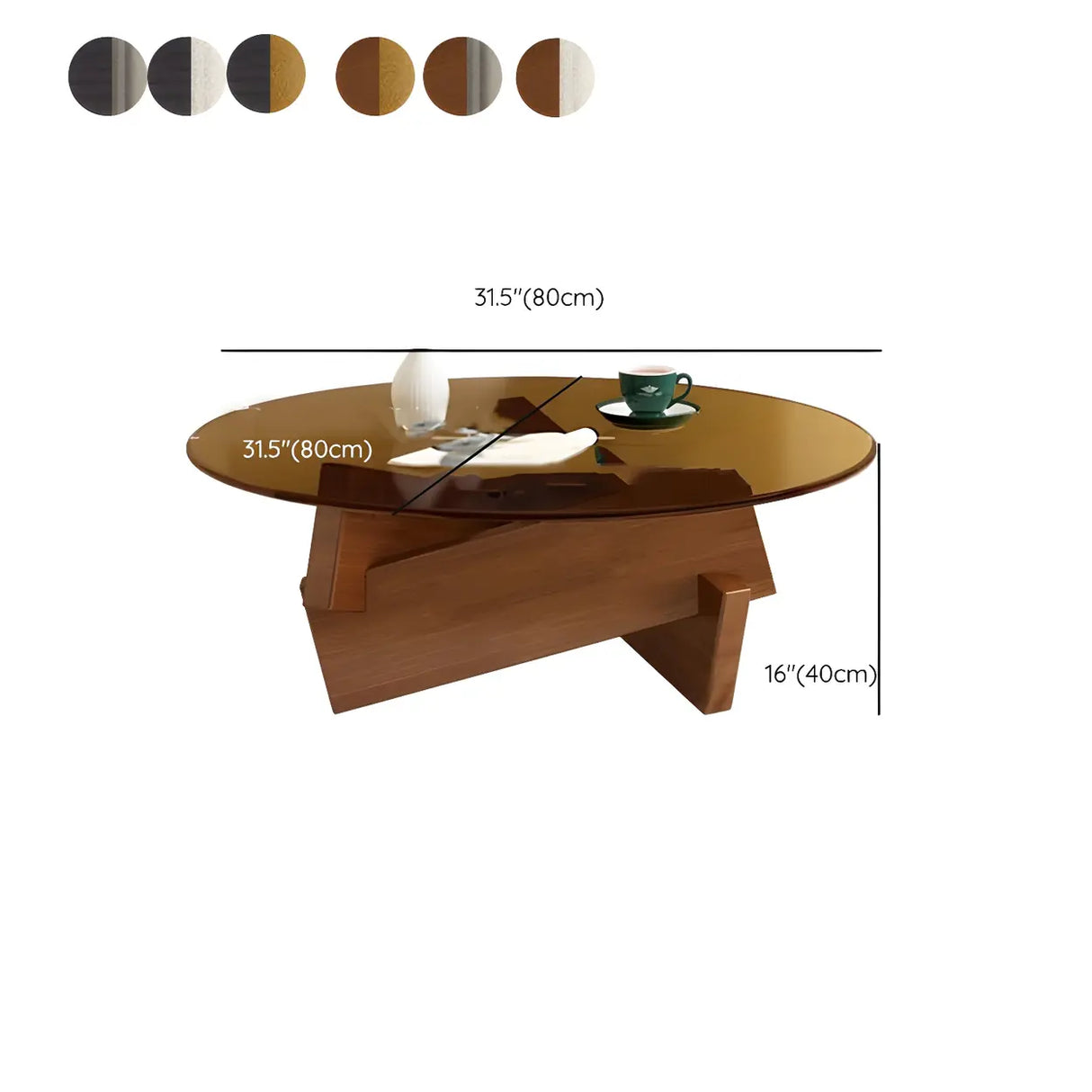 Simple Round Glass Abstract Wood Base Coffee Table Image - 17