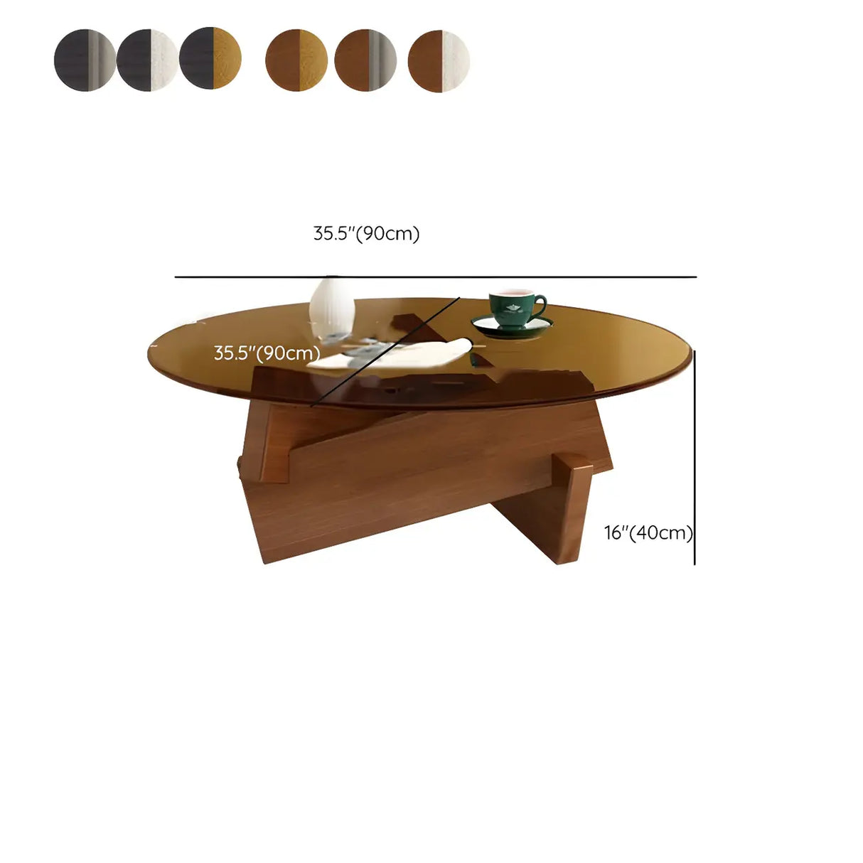 Simple Round Glass Abstract Wood Base Coffee Table Image - 18