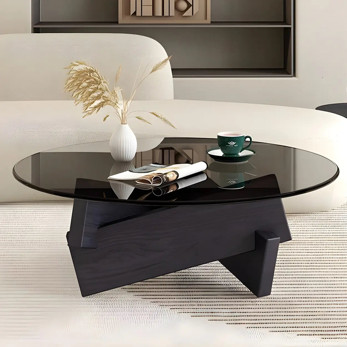 Simple Round Glass Abstract Wood Base Coffee Table Image - 2
