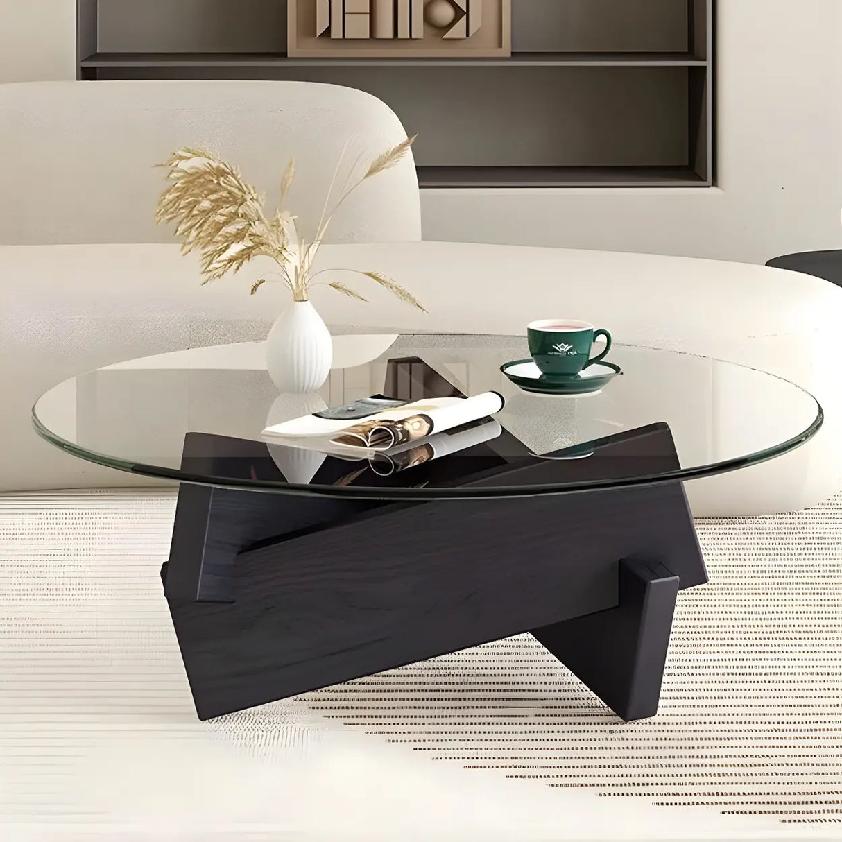 Simple Round Glass Abstract Wood Base Coffee Table Image - 3