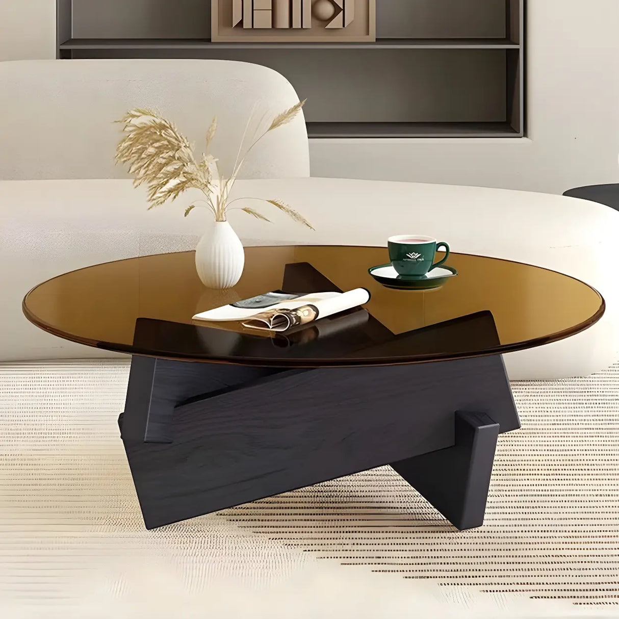 Simple Round Glass Abstract Wood Base Coffee Table Image - 5
