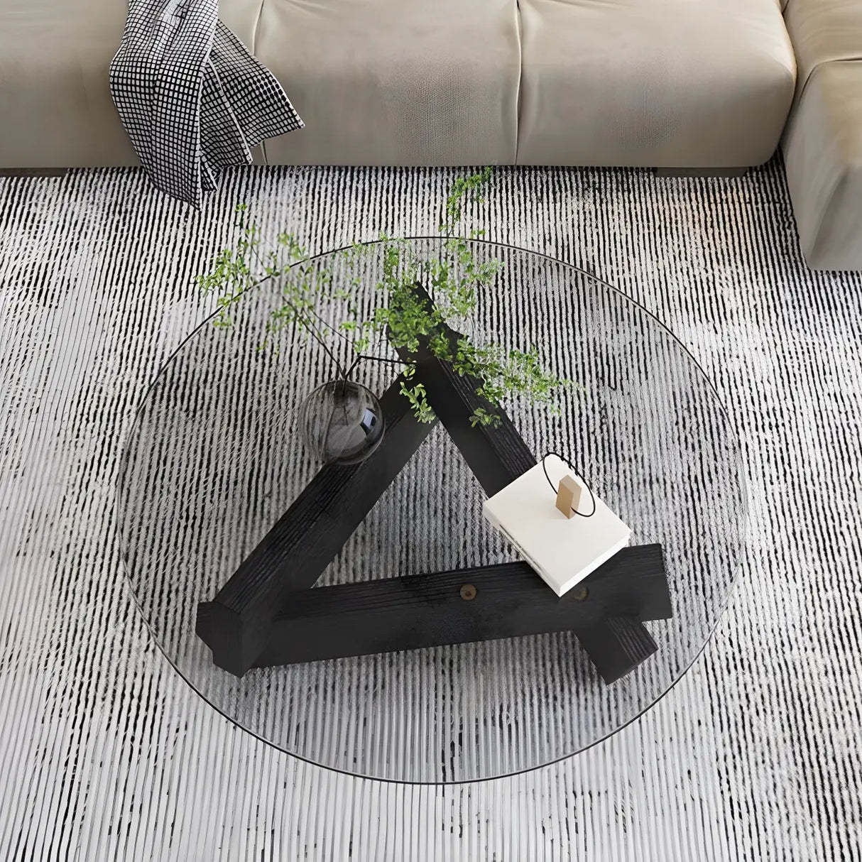 Simple Round Glass Abstract Wood Base Coffee Table Image - 6