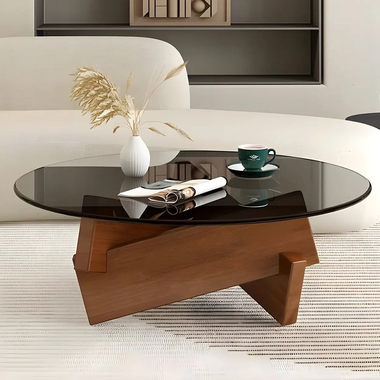 Simple Round Glass Abstract Wood Base Coffee Table Image - 7