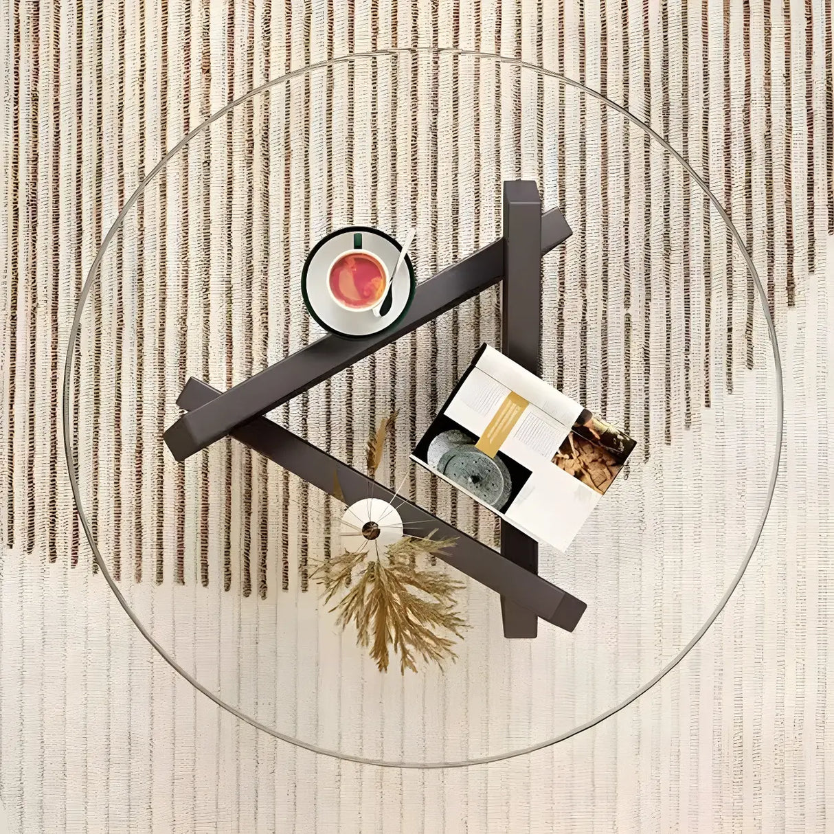 Simple Round Glass Abstract Wood Base Coffee Table Image - 8