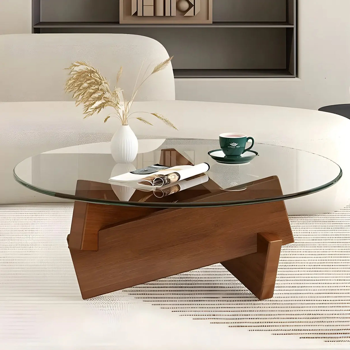 Simple Round Glass Abstract Wood Base Coffee Table Image - 9