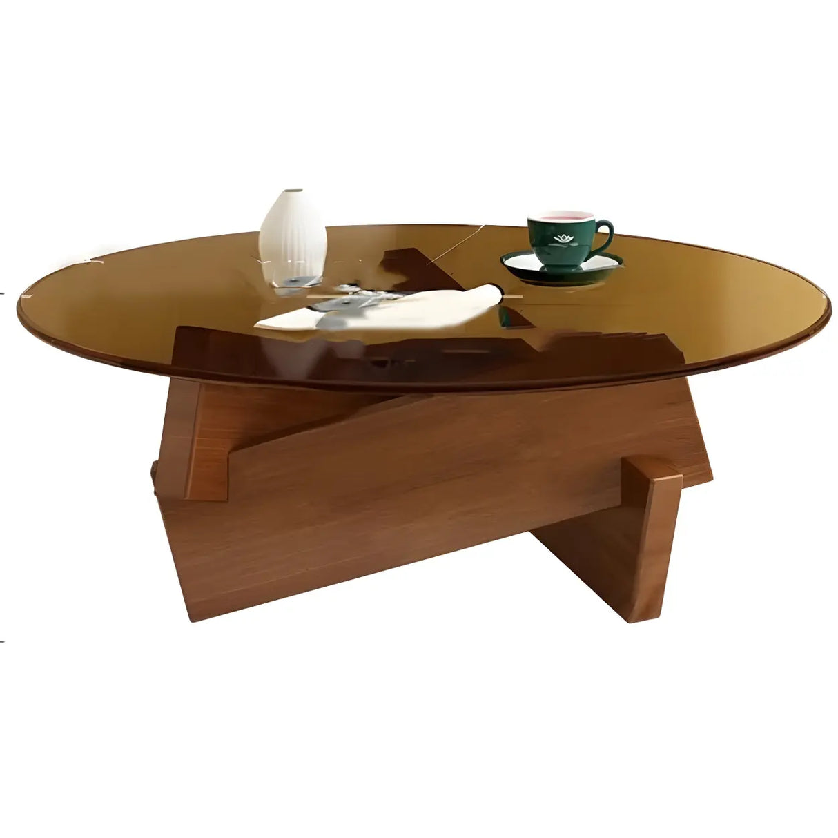 Simple Round Glass Abstract Wood Base Coffee Table Image - 10