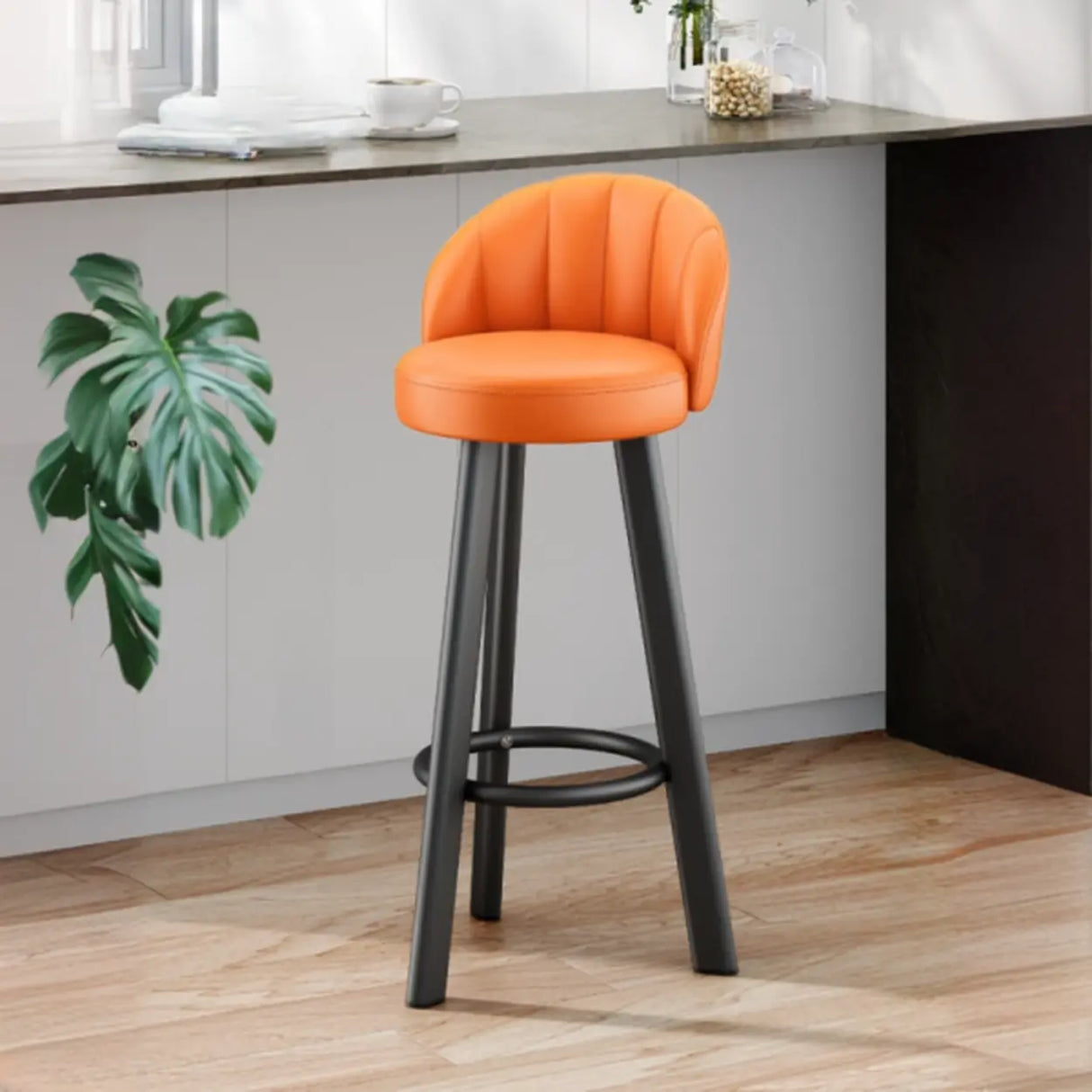 Simple Round Leather Bar Stool with Back and Foot Platform Image - 1