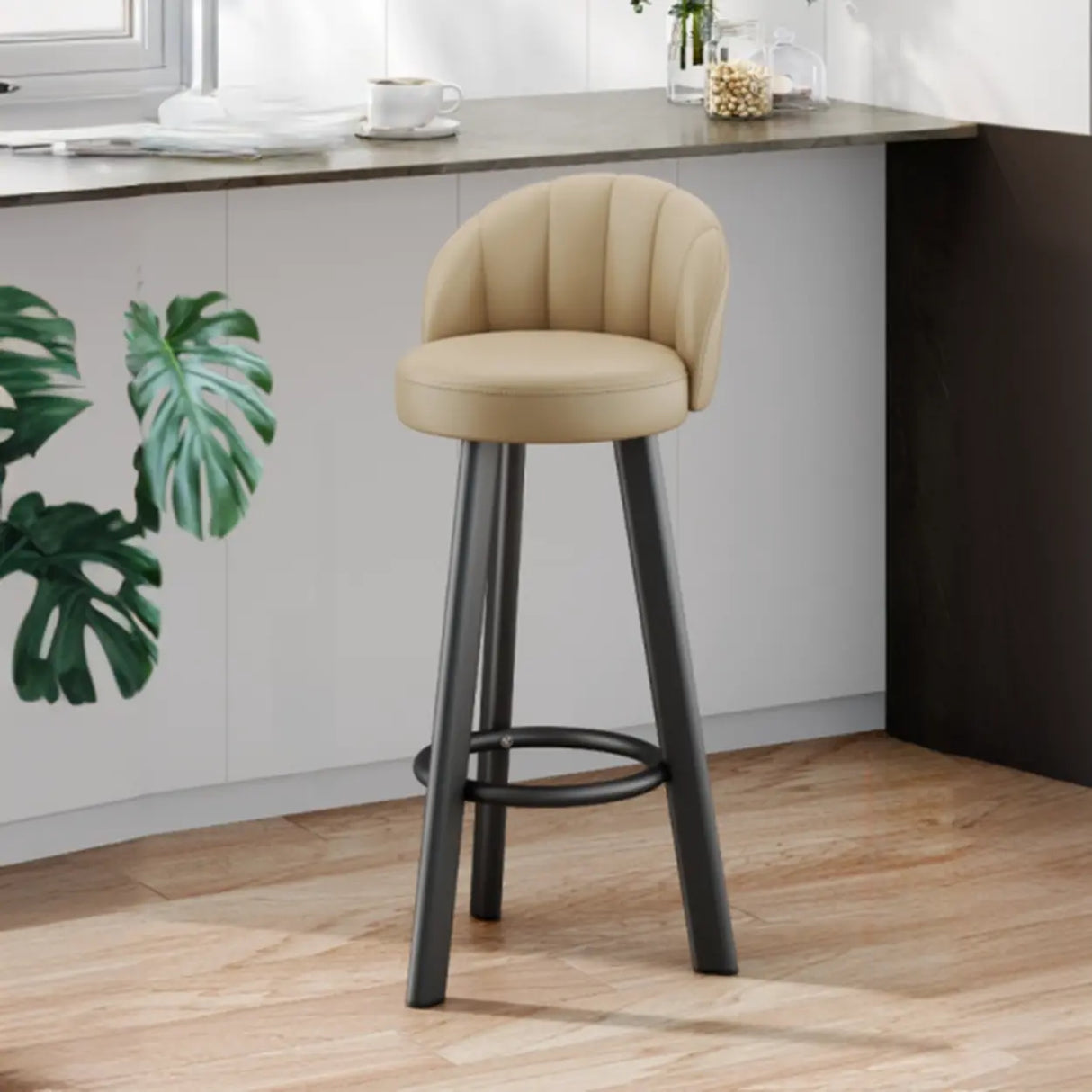 Simple Round Leather Bar Stool with Back and Foot Platform Image - 10