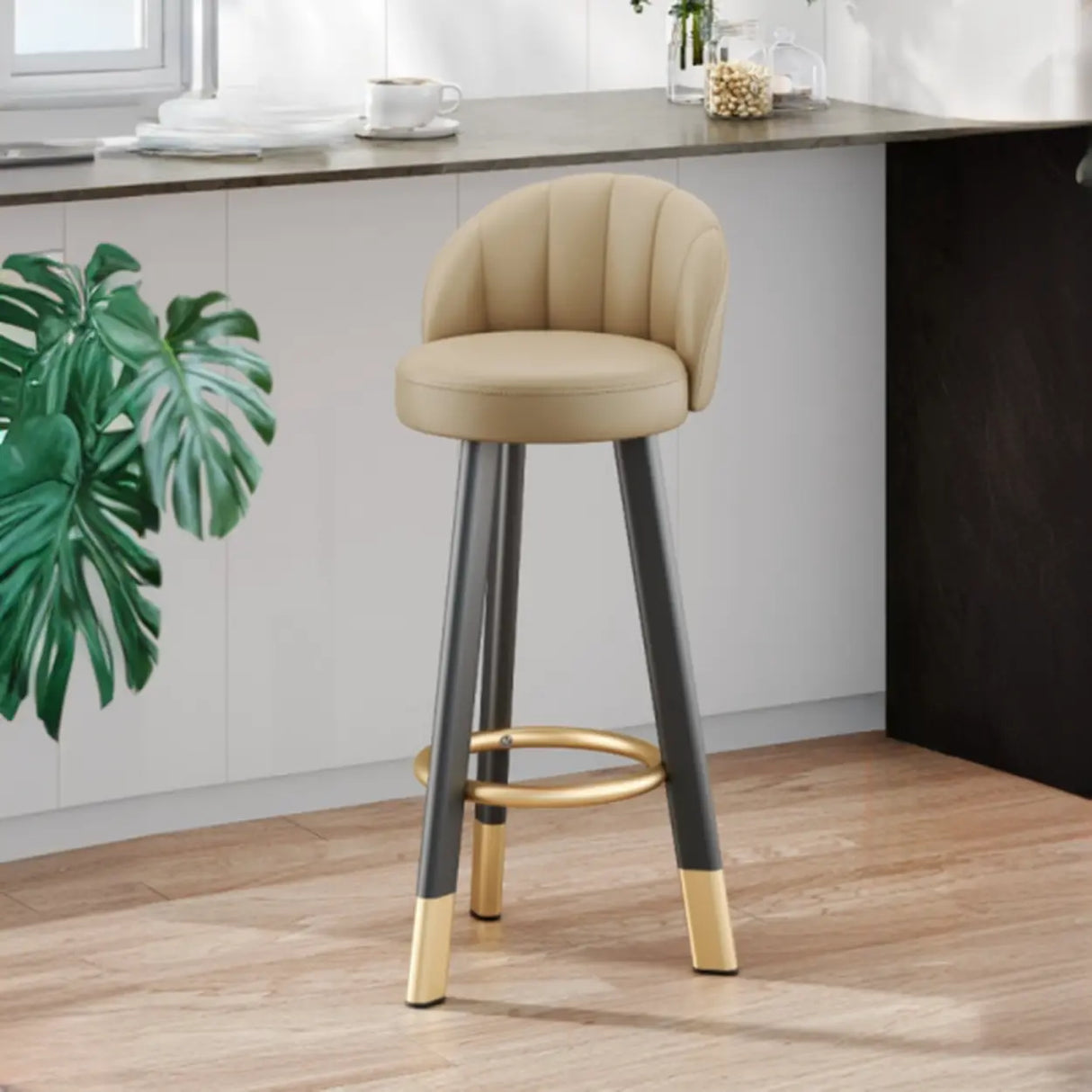 Simple Round Leather Bar Stool with Back and Foot Platform Image - 11