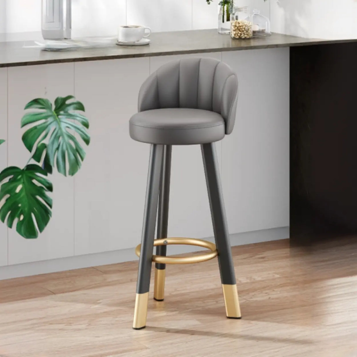 Simple Round Leather Bar Stool with Back and Foot Platform Image - 12