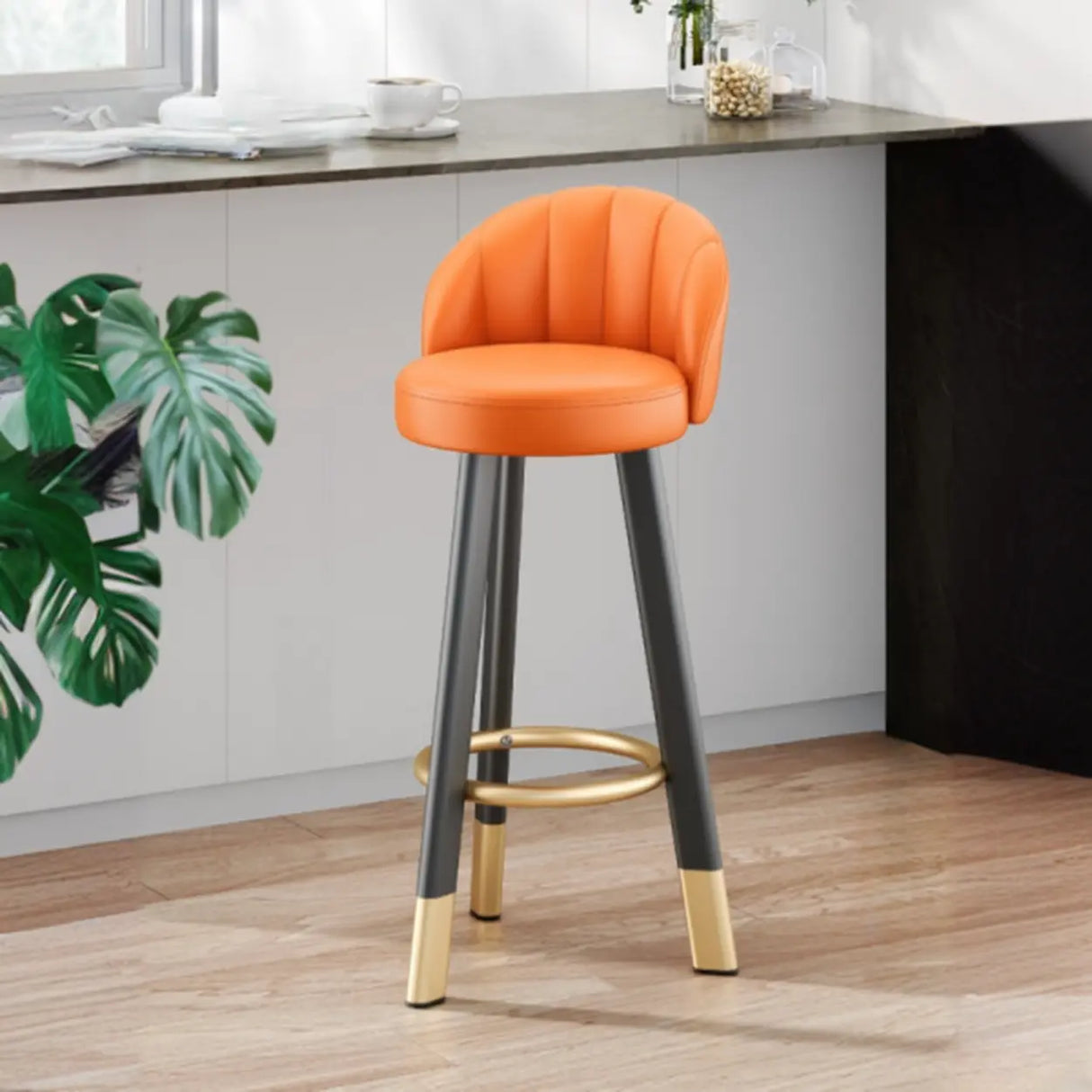 Simple Round Leather Bar Stool with Back and Foot Platform Image - 13