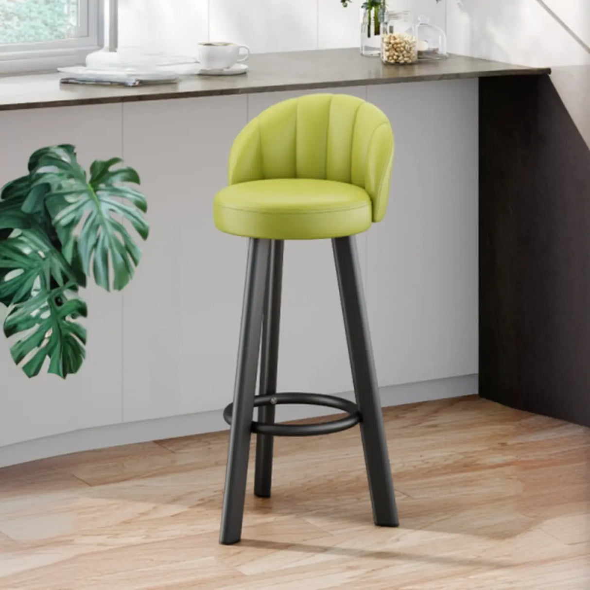Simple Round Leather Bar Stool with Back and Foot Platform Image - 14