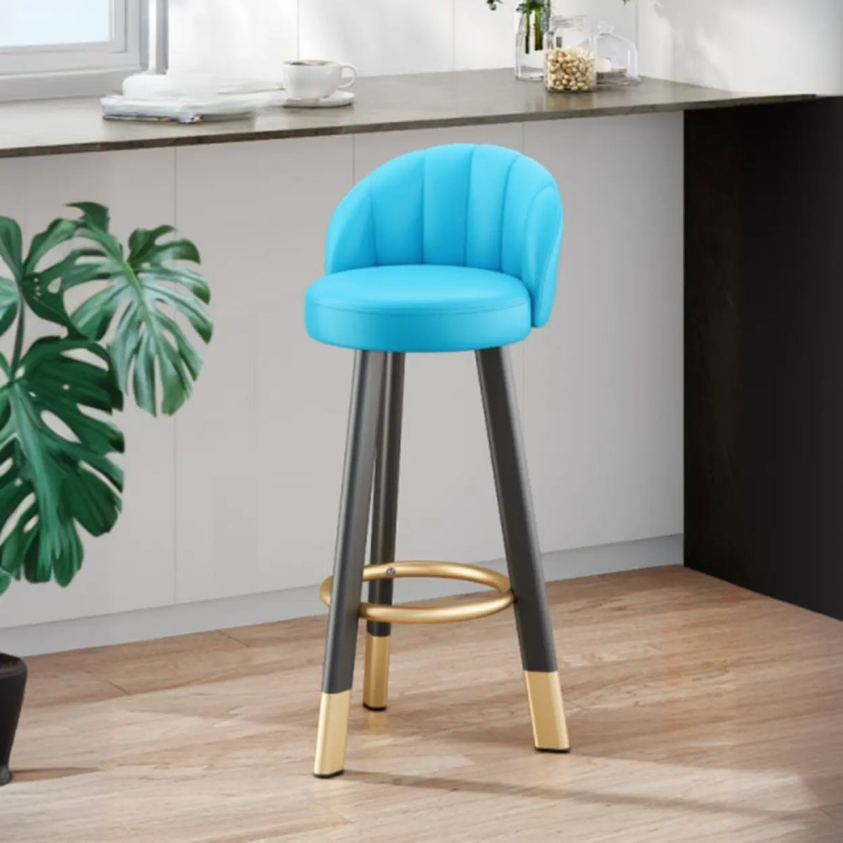 Simple Round Leather Bar Stool with Back and Foot Platform Image - 15
