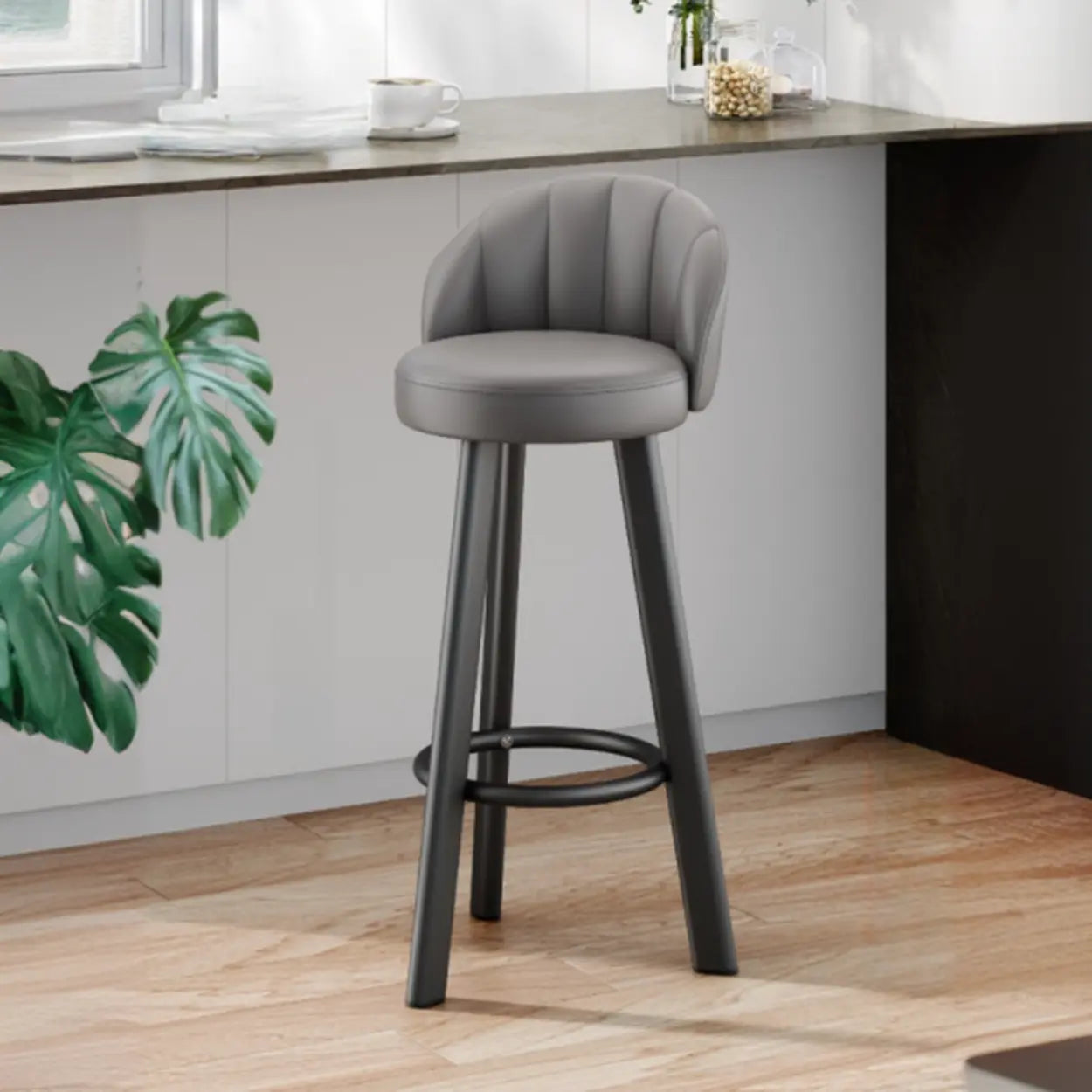 Simple Round Leather Bar Stool with Back and Foot Platform Image - 4