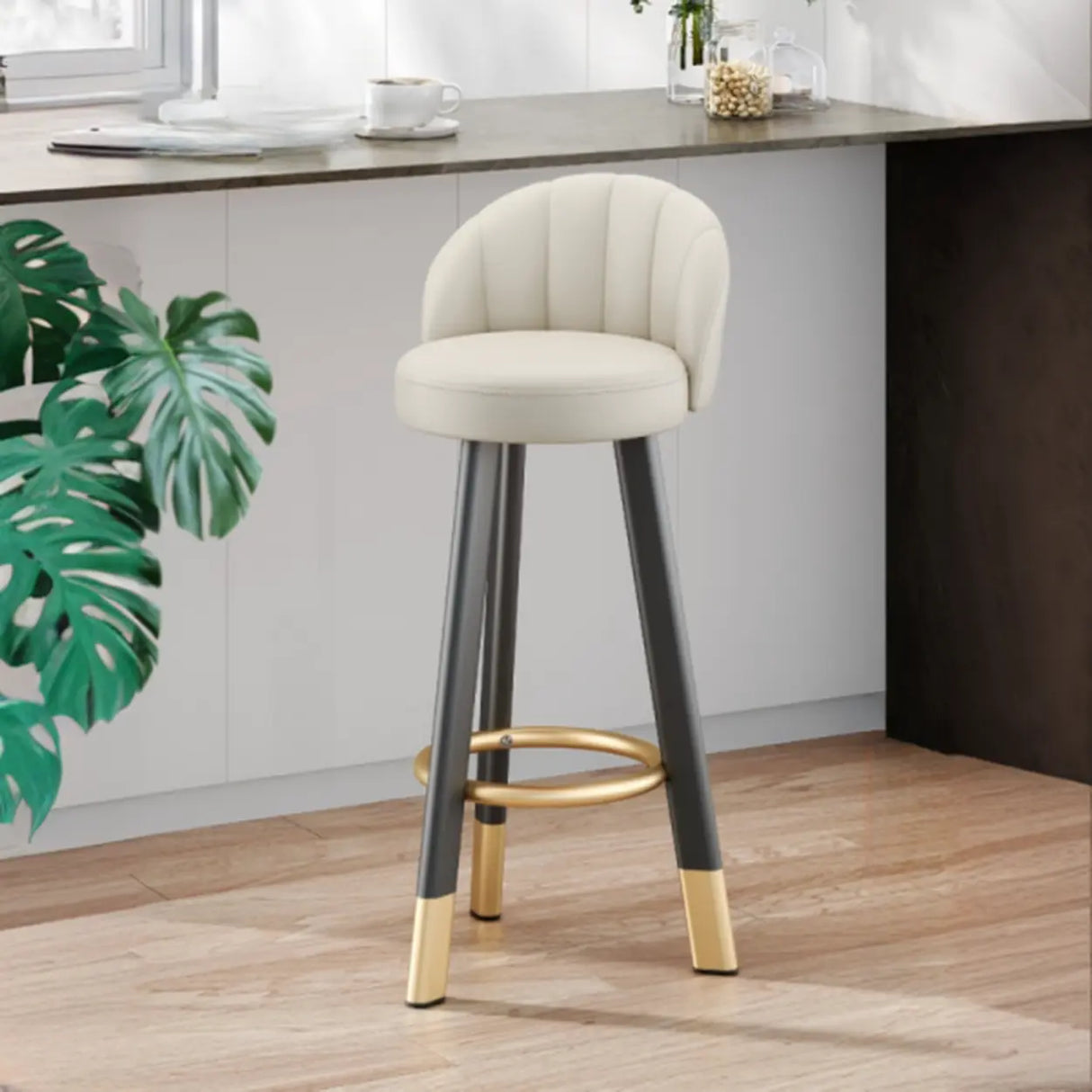 Simple Round Leather Bar Stool with Back and Foot Platform Image - 8
