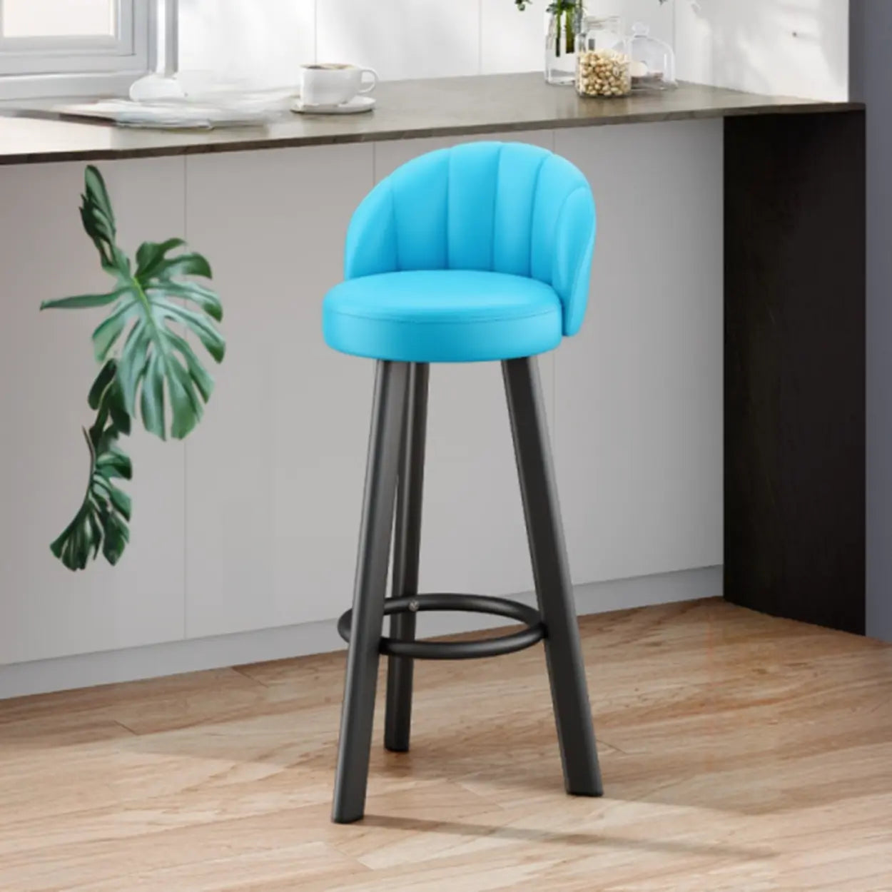Simple Round Leather Bar Stool with Back and Foot Platform Image - 9