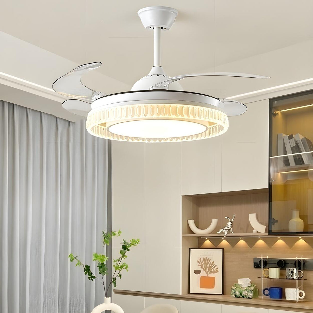 Simple Round Retractable Blade Modern Ceiling Fan Light Image - 4