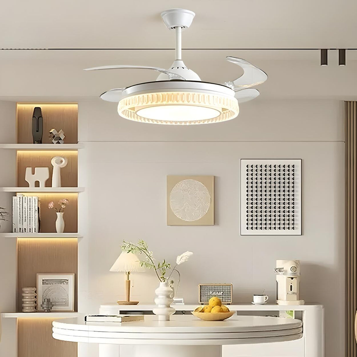 Simple Round Retractable Blade Modern Ceiling Fan Light Image - 6