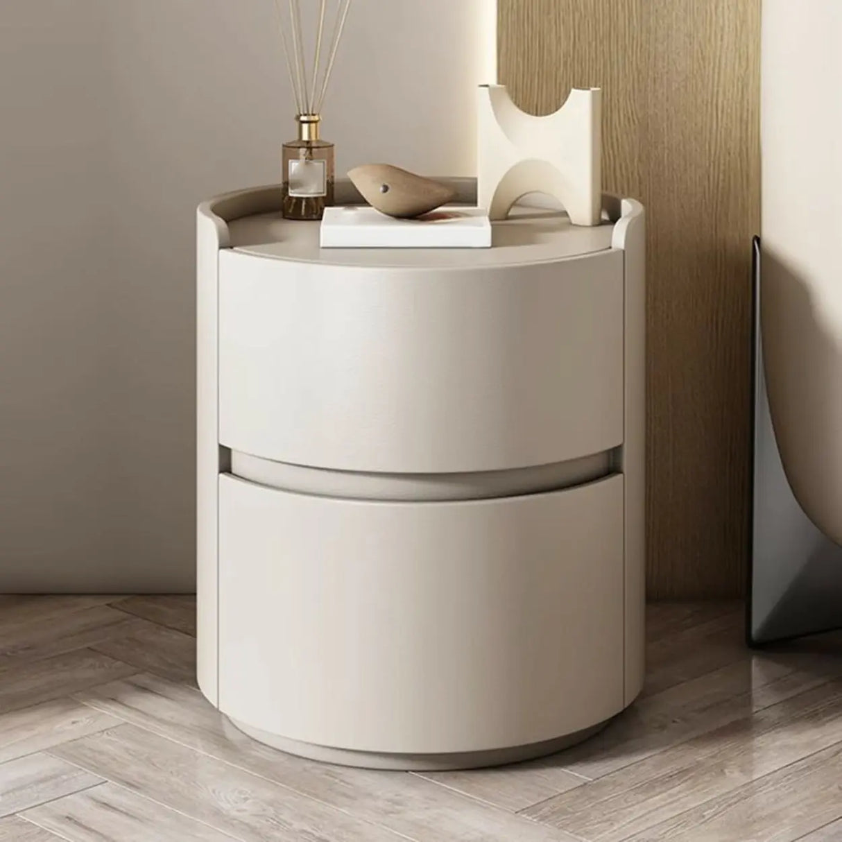 Simple Round Wood Off-White Drawer Storage Nightstand Image - 1
