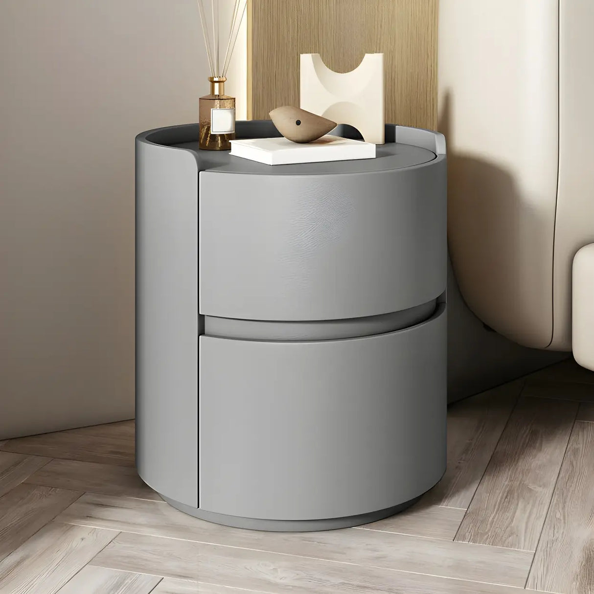 Simple Round Wood Off-White Drawer Storage Nightstand Image - 10